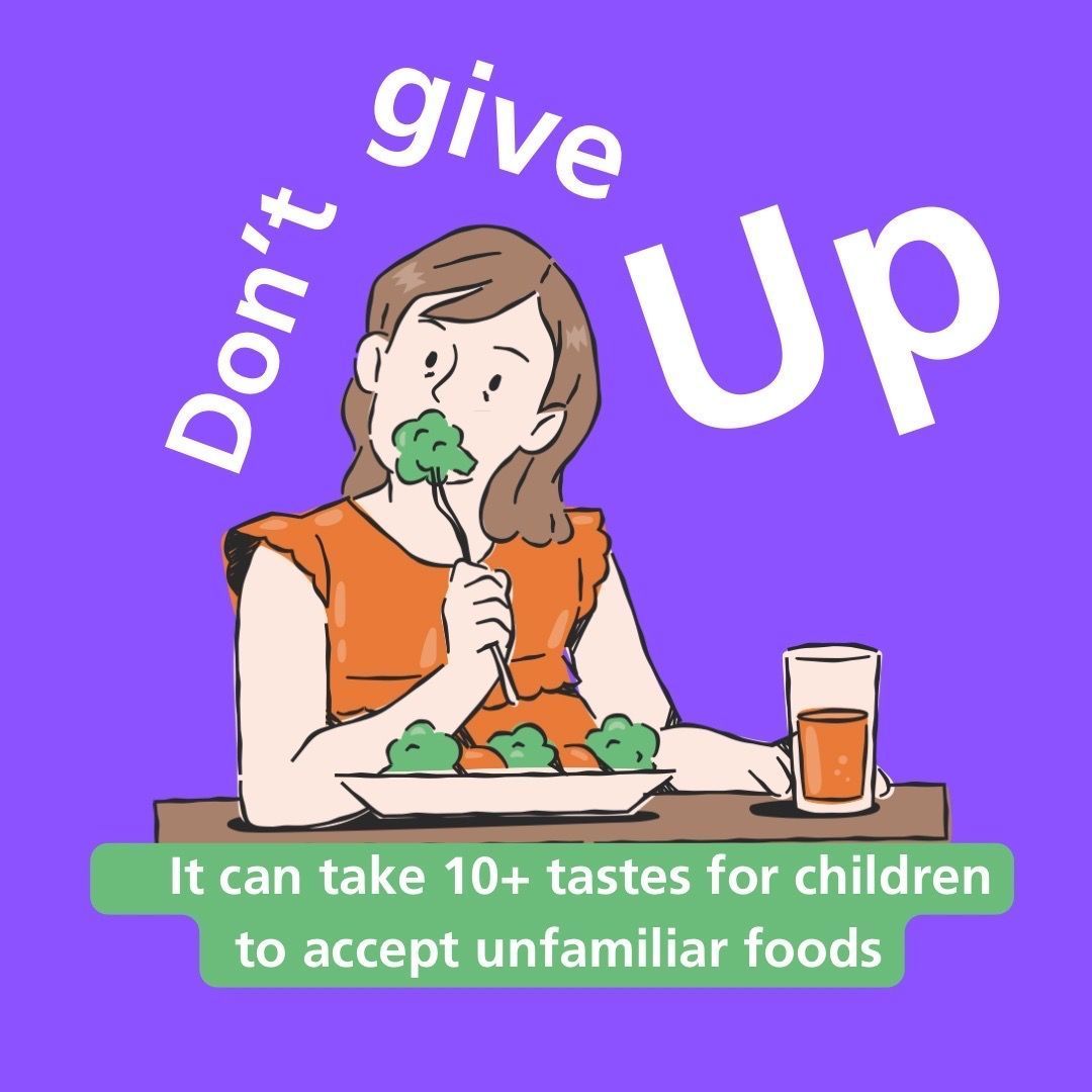 Most parents give up if they have offered a food 3/4 times without success, but young children may need as many as 10-14 tastings before they will accept an unfamiliar food. More advice about food refusal and encouraging healthy eating habits at: buff.ly/3IzKSoS