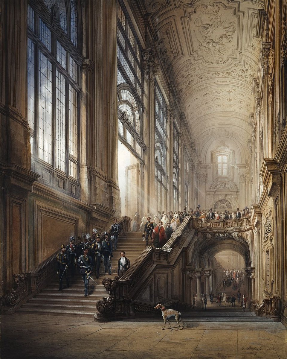 The King Victor Emanuel II and Camillo Cavour at the opening of the 'Senato Subalpino'. Painted by Carlo Bossoli in 1853.