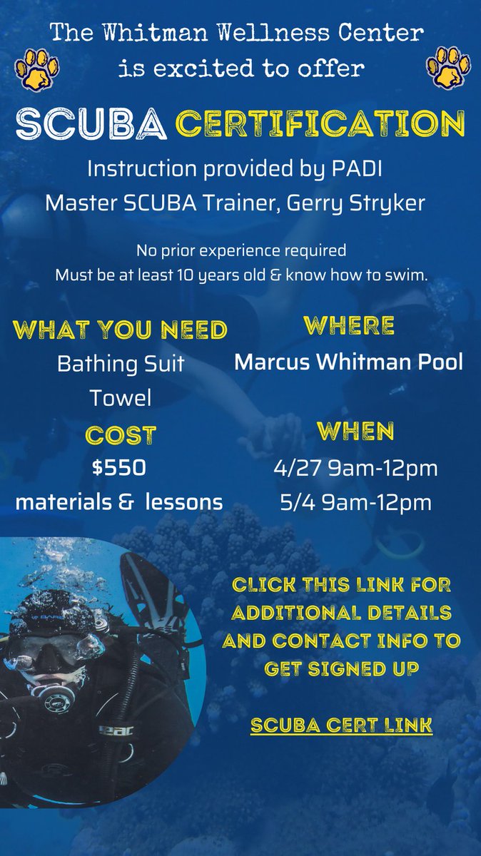 Whitman Wellness Center is excited to offer SCUBA Certification Instruction. Details below!!!!
