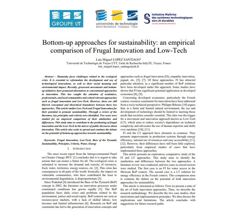 Les compartimos con gusto el artículo “Bottom-up approaches for sustainability : an empirical comparison of Frugal Innovation and Low-Tech” escrito por Luis Miguel López quien es miembro de la Red.  

hal.science/hal-04538253