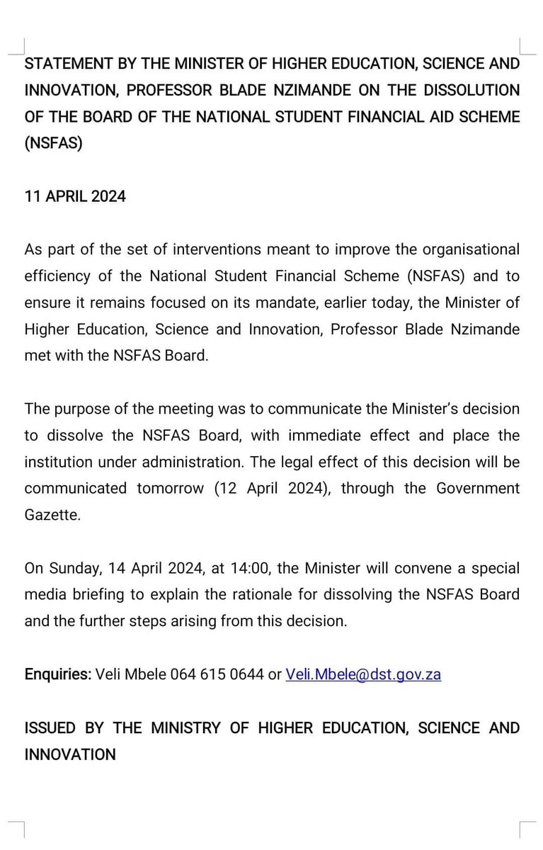 STATEMENT BY THE MINISTER OF HIGHER EDUCATION, SCIENCE AND INNOVATION, PROFESSOR BLADE NZIMANDE ON THE DISSOLUTION OF THE BOARD OF THE NATIONAL STUDENT FINANCIAL AID SCHEME (NSFAS)
