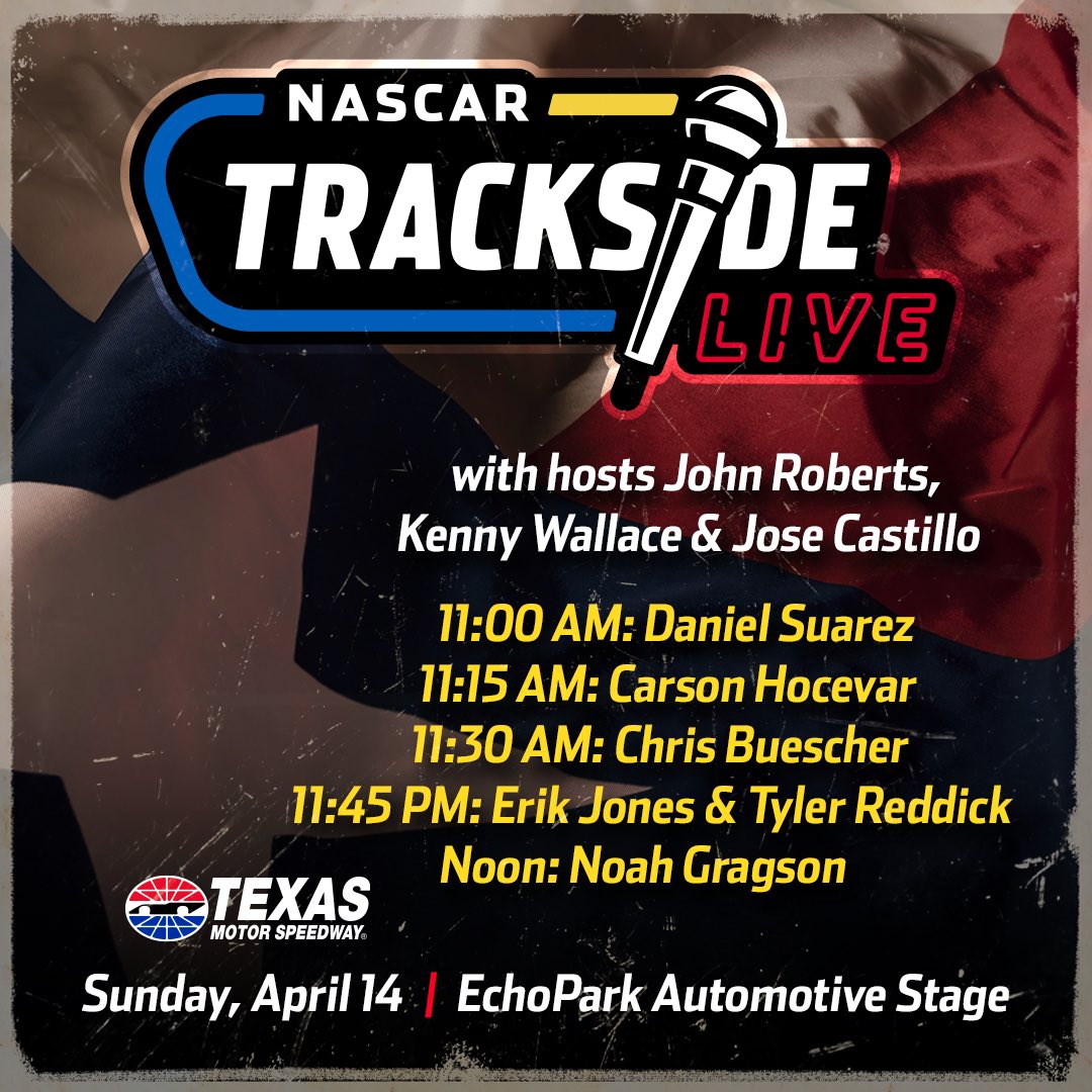 Who’s ready for a Texas sized Trackside Live?🙌🏁 It all happens, LIVE Sunday, April 14th before the #AutotraderEchoPark400 🎤🔥