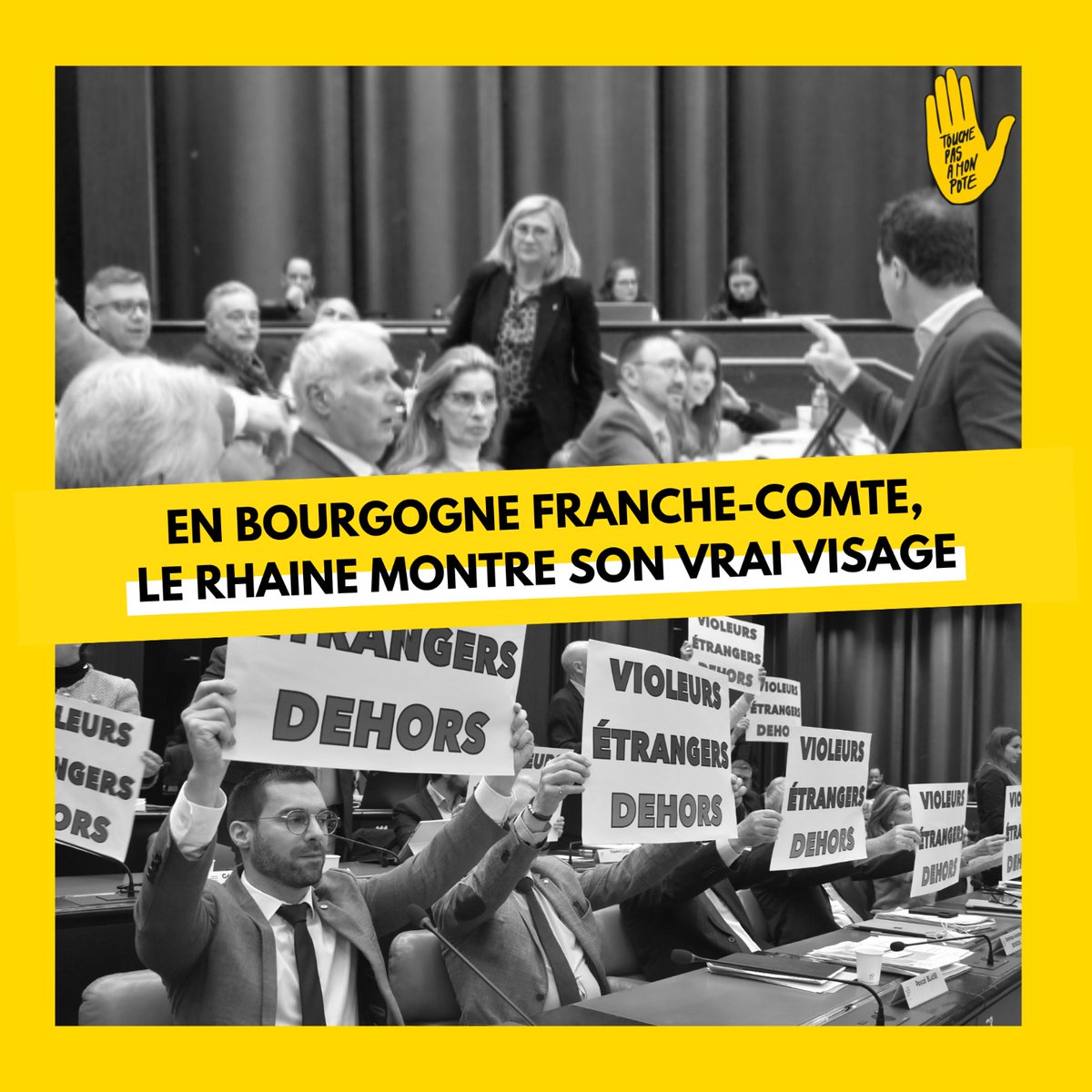 Ce matin, les élus RN du Conseil régional de Bourgogne Franche-Comté brandissent des pancartes racistes, en marque de soutien au collectif Némésis (groupe pseudo-féministe proche des néonazis des Zouaves Paris et du Junge Tat en Suisse).

⬇️ 1/2