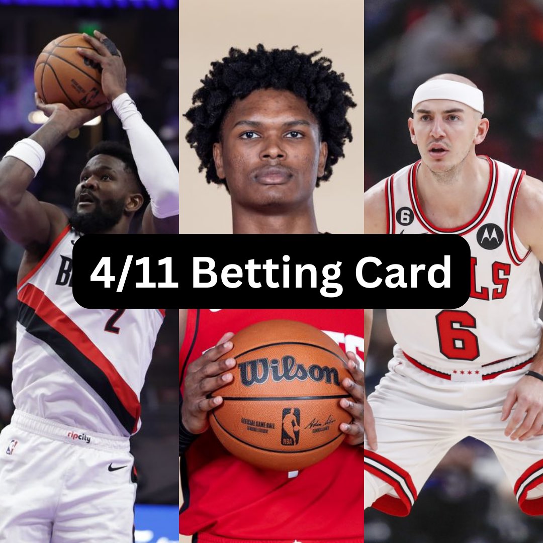 LineLockBets's tweet image. 🎰 The Betting Card (4/11):

🏀 NBA
1.02u - Alex Caruso (CHI) u19.5 Points+Rebounds+Assists (-102, FanDuel)
1.27u - Amen Thompson (HOU) u28.5 Points+Rebounds+Assists (-127, FanDuel)
1.19u - Deandre Ayton (POR) u39.5 Points+Rebounds+Assists (-119, FanDuel)
1.60u - CJ McCollum…