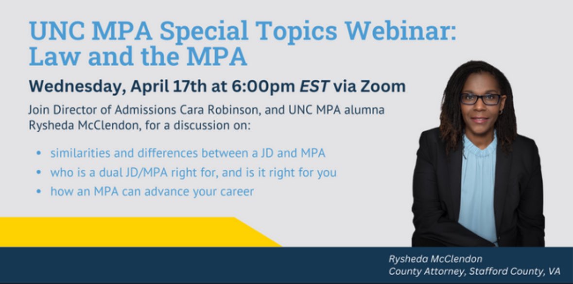 Join us in a discussion on the differences and similarities between a law degree and the MPA, how someone might want to do a joint degree with both Law and the MPA, and how a MPA degree can support career advancement in law. applynow.unc.edu/register/?id=5…