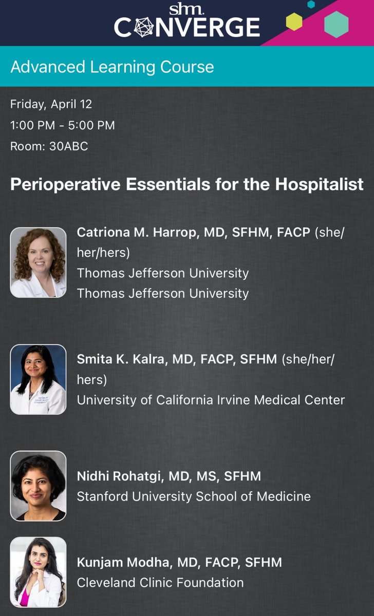 Join us at #SHMConverge24 for Advanced Learning Course in #Perioperative Medicine for #hospitalists! ⁦@HarropCatriona⁩ ⁦@smitakkalra⁩ and Kunjam Modha