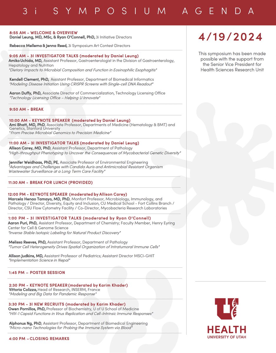 Announcing our full schedule for the 2024 3i Symposium. This all-day event is for all 3i community members (faculty, trainees, and staff) and includes both internal and external speakers, as well as a poster session. Individual posts will highlight our speakers, so stay tuned!
