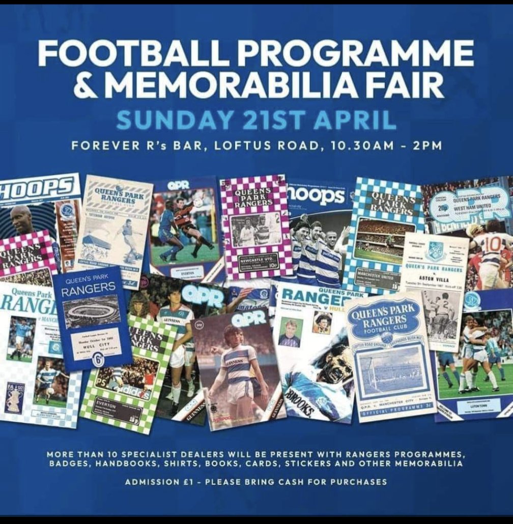 10 days to go until the first Programme & Memorabilia Fair at @QPR since May 1986 - Sunday 21 April is the date of diaries. More than 10 dealers & book authors lined up plus the QPR Community Trust team @Andye10 and @LesEasterbrook1 the badge specialist @retroQPR @ProgMonthly