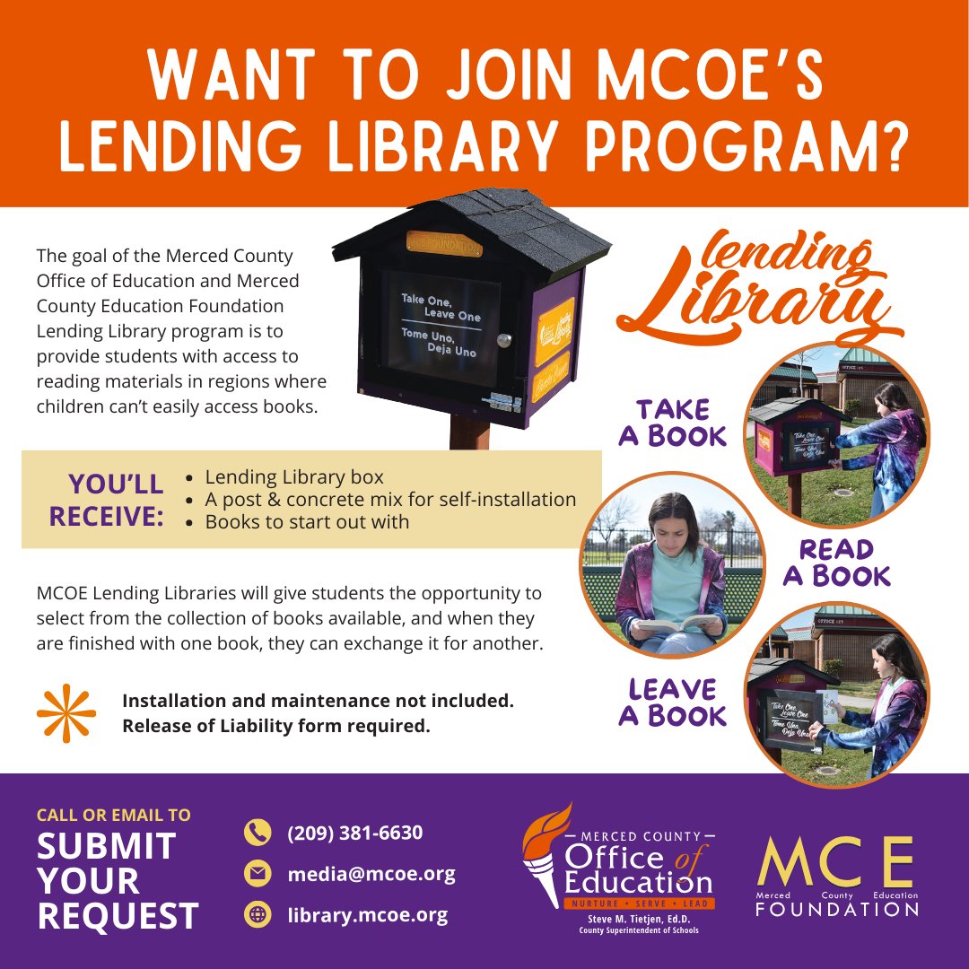Join MCOE's Lending Library Program! 📚✨ Submit a request for materials to install a Lending Library and give students access to books at locations where they might not have it. To submit a request call, call (209) 381- 6630 or email media@mcoe.org.