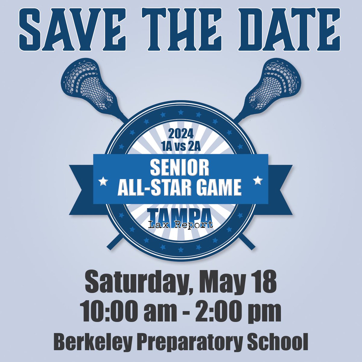 Our 7th annual Senior All-Star Games will be on Saturday, May 18th at Berkeley Preparatory School. Games will be at 10:00 am and noon. Nomination links will be going out to your coaches shortly. More details to come! @FloridaLX @TampaLacrosse @Biggamebobby