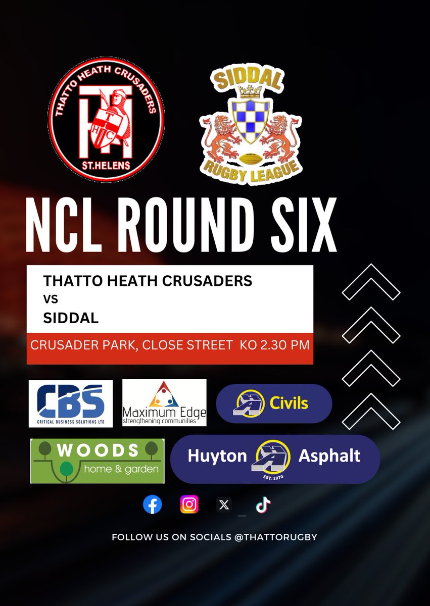 ⚫️🔴⚪️ 𝐆𝐀𝐌𝐄 𝐃𝐀𝐘  ⚪️🔴⚫️

We look forward to welcoming <a href="/siddalrl/">SiddalARLFC</a> to 𝑪𝒓𝒖𝒔𝒂𝒅𝒆𝒓𝒔 𝑷𝒂𝒓𝒌 this Saturday. 

📢Come on down and give the lads your support 📢

🎟️ £𝟑 𝑨𝒅𝒖𝒍𝒕𝒔 £𝟐 𝑪𝒐𝒏𝒄𝒆𝒔𝒔𝒊𝒐𝒏𝒔