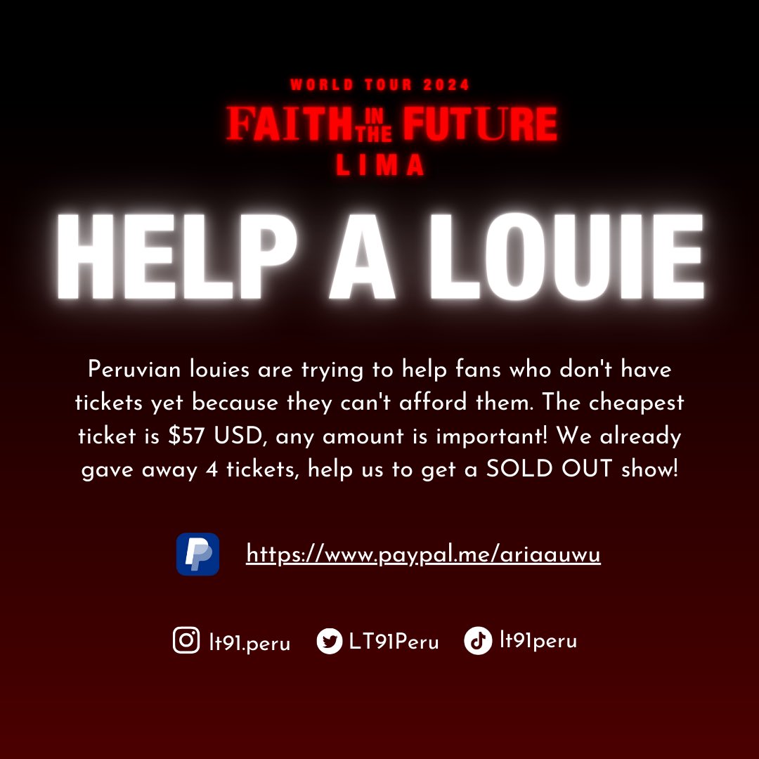 🚨 INTERNATIONAL LOUIES WE NEED YOUR HELP! Help Louies & Help us to get a SOLD OUT SHOW! 🌎 Paypal: paypal.me/ariaauwu 🇵🇪 Yape/Plin: 934 296 774 (Massiel)