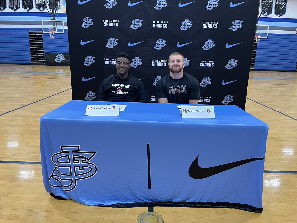 A pair of <a href="/St_James_Sharks/">St James Sharks Athletics</a> signed to play 🏈 at the collegiate level. 

All Zoner <a href="/ConnorSchwalm/">Connor Schwalm</a> is heading to <a href="/HSC__FOOTBALL/">H-SC Football</a> 

All Zoner <a href="/FaulknerJasaan/">Jasaan Faulkner</a> signs with <a href="/LRBearsFootball/">Lenoir-Rhyne Football</a> 

More at 6 and 11 on <a href="/wpdeabc15/">WPDE ABC15</a>