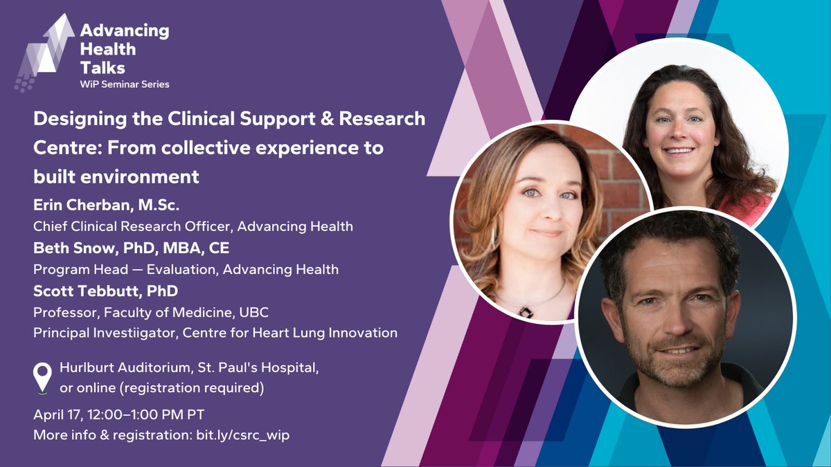 Curious about the new @Providence_Hlth Clinical Support and Research Centre? advancinghealth.ubc.ca/event/csrc-wip/ Come out Apr 17 to our special #WiPSeminar with Erin Cherban, Dr. Beth Snow & Dr. Scott Tebbutt, who lead 3 working groups to actively contribute feedback to the design team!