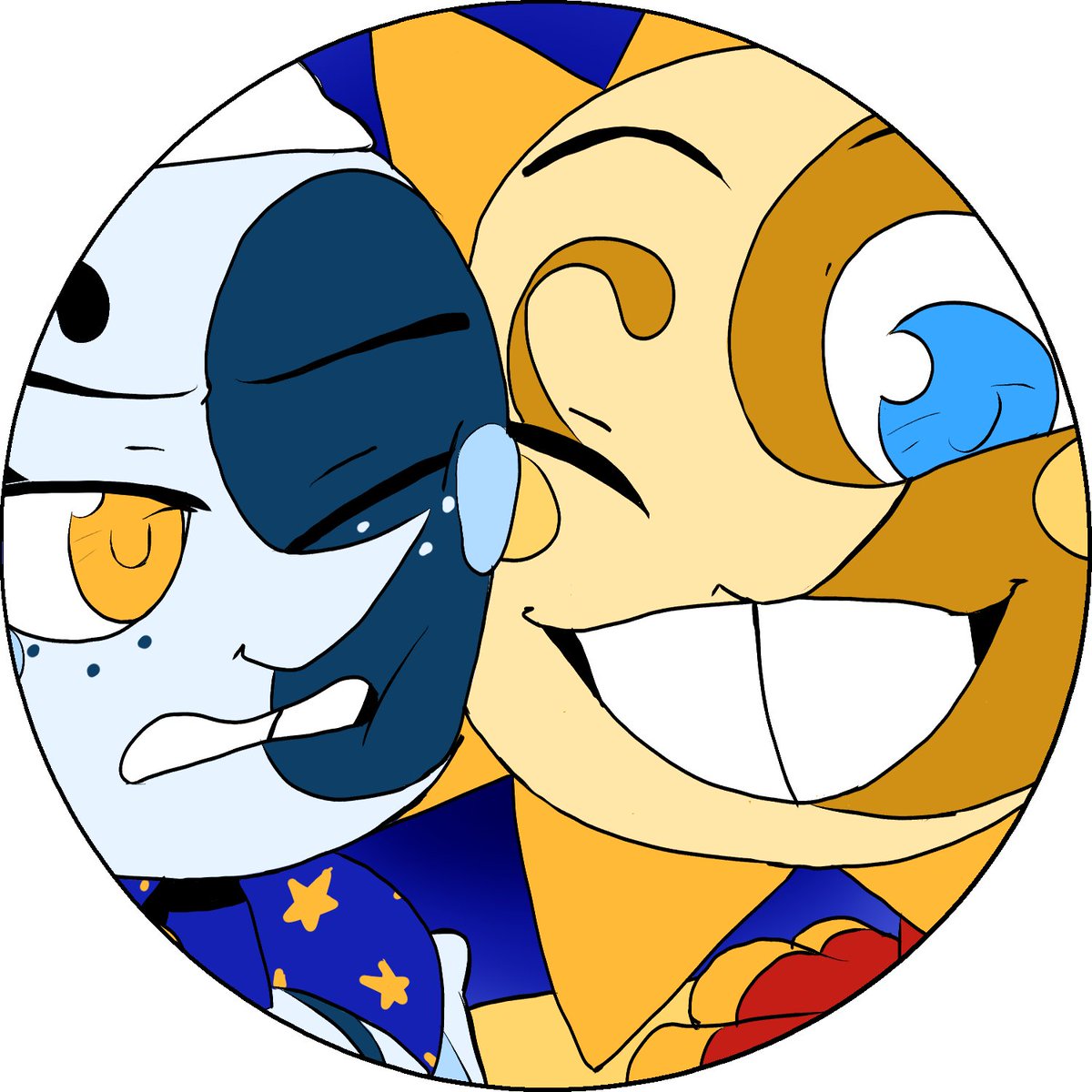 i return from the war (life emergencies) attatched to two sillies #daycareattendant #fnaffanart #fnafsun #fnafmoon 

made a themed blog icon of the them