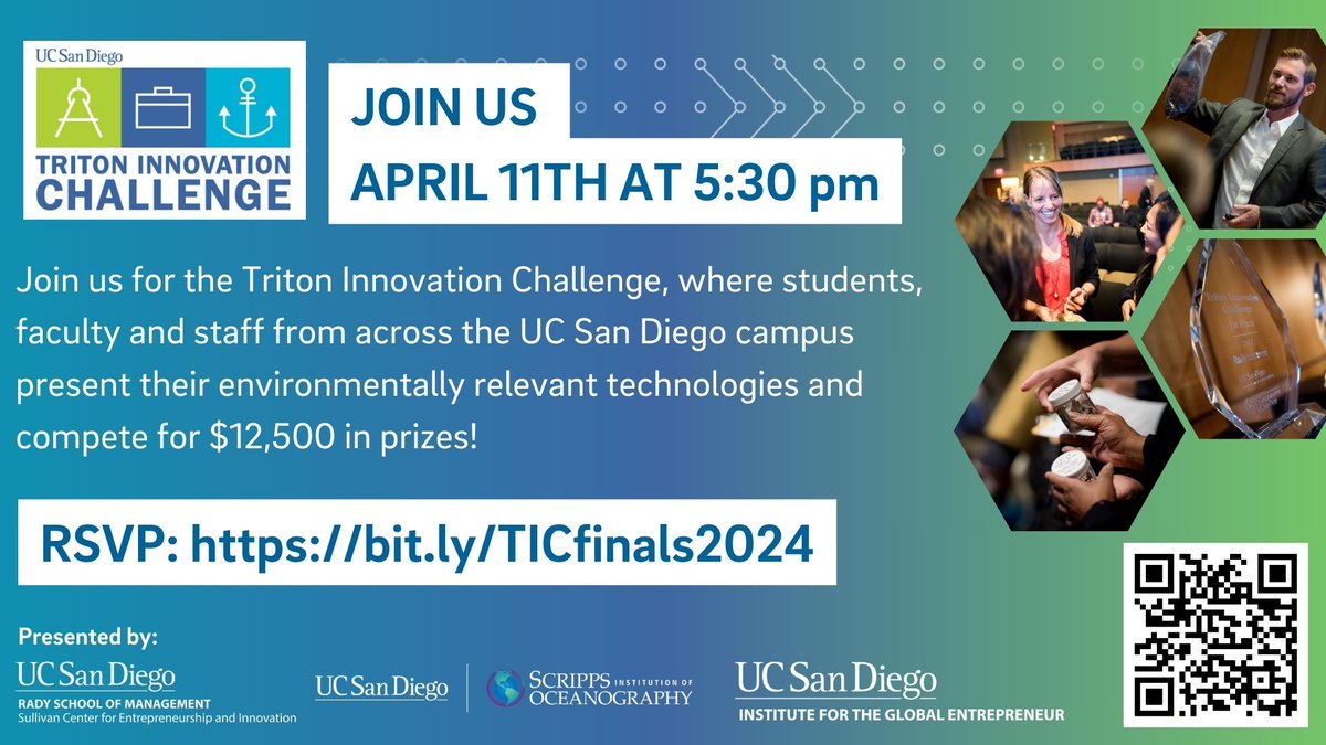 Today is the 2024 #TritonInnovationChallenge, a business competition led by Scripps, @RadySchool, & @UCSDJacobs.💡 Join us as @UCSanDiego finalists present progressive ideas that impact people & nature through environmentally-focused innovations. 🎟️: bit.ly/43CuTA0