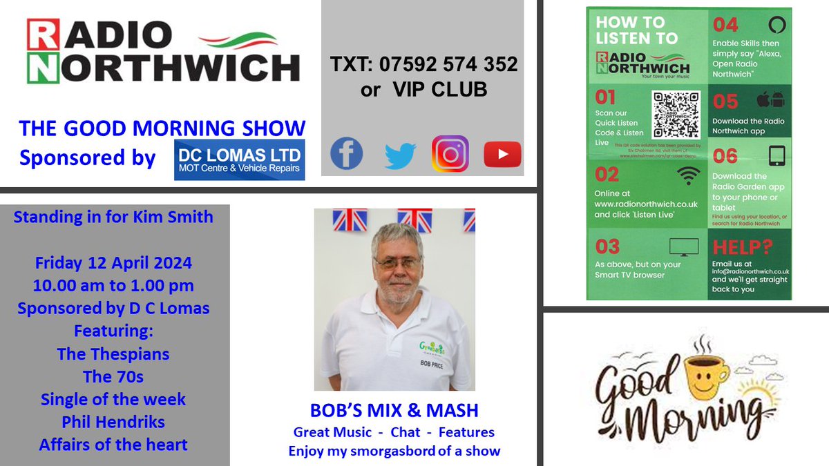 One more show this week on @RadioNorthwich Join me tomorrow morning, Friday, between 10.00 am and 1.00 pm as I stand in for Kim Smith on the Good Morning Show sponsored by D C Lomas Ltd MOT Centre and Vehicle Repairs. Looking forward to seeing you then.