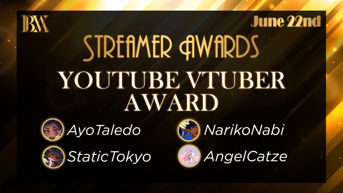 BVTAwards's tweet photo. Here are your nominees for the Streamer Category in the #BlackVtuberAwards2024!

For the Youtube Vtuber Award, your nominees are:
@AyoTaledo 
@StaticTokyo 
@NarikoNabi 
@AngelCatze https://t.co/K6vUurs4Gd