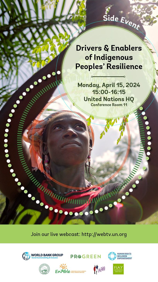 EVENT | Join us Monday, April 15, at the @UN headquarters to learn more about the drivers and enablers of #Indigenous #resilience. 💪🏽💪🏾💪🏼

If you can't make it in person, you can still watch the live webcast at:
webtv.un.org

#IndigenousPeoples #UNPFII #UNPFII24