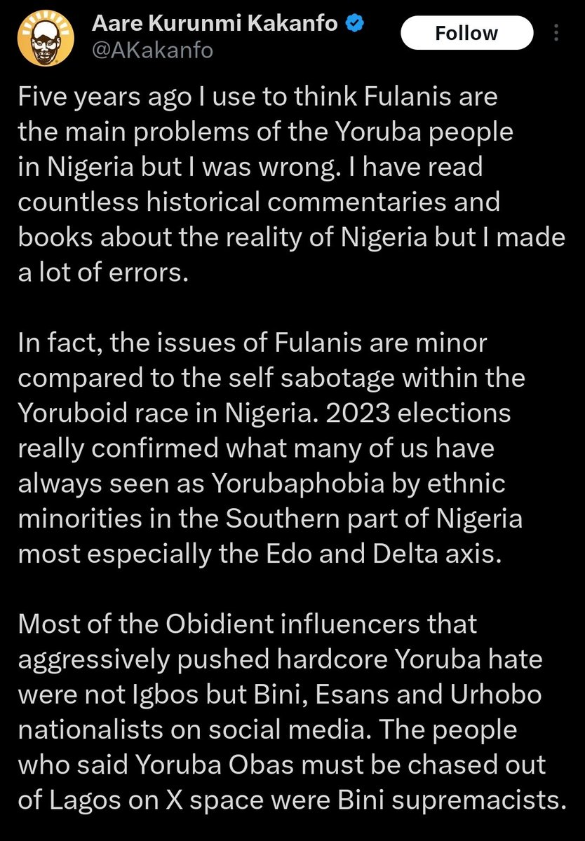 Defender of the Yoruba race pardons Fulani terrorists for slaughtering thousands of Yoruba people. Turns his raging vengeance towards Bini, Esan & Urhobo people 😆