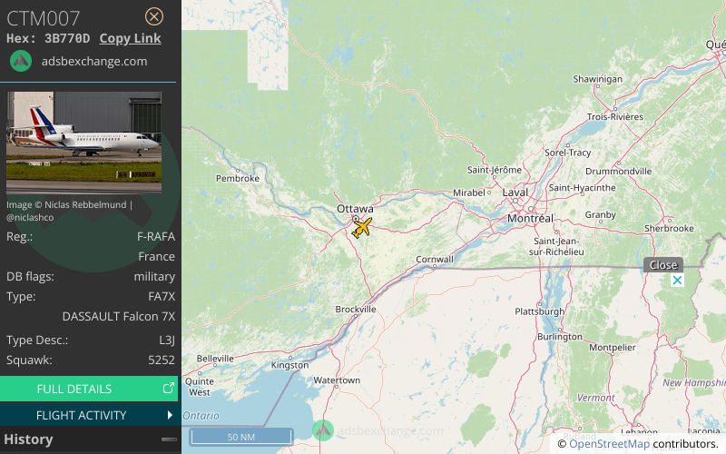 🛫 Le DASSAULT Falcon 7X F-RAFA CTM007   de la flotte de l'ET 060 a éte détecté près de l'aéroport Ottawa Macdonald-Cartier International Airport (YOW/CYOW) - Suivi: globe.adsbexchange.com/?hideSidebar&h…