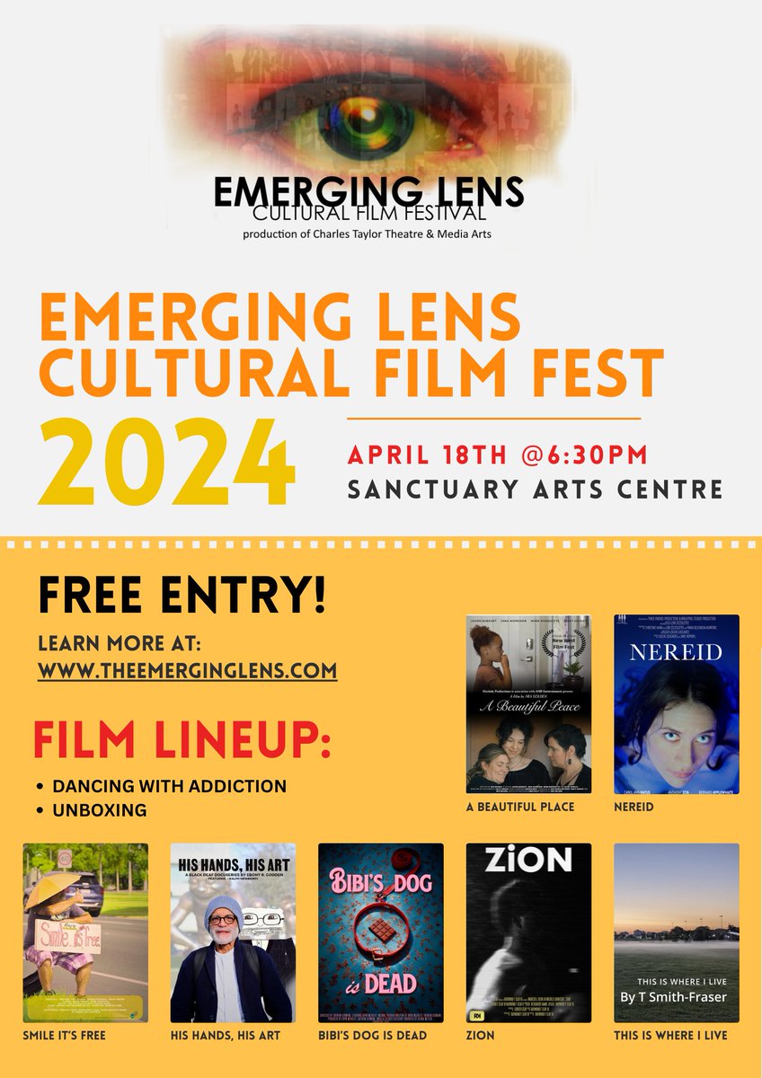 Visit our website for full festival details! 
Plan your week with us at 4 different locations around HRM. All events are free! Expect live entertainment, dynamic film programming and snacks 🎥 Theemerginglens.com 

#film #filmfestival #awards #halifax  #novascotia #Canada