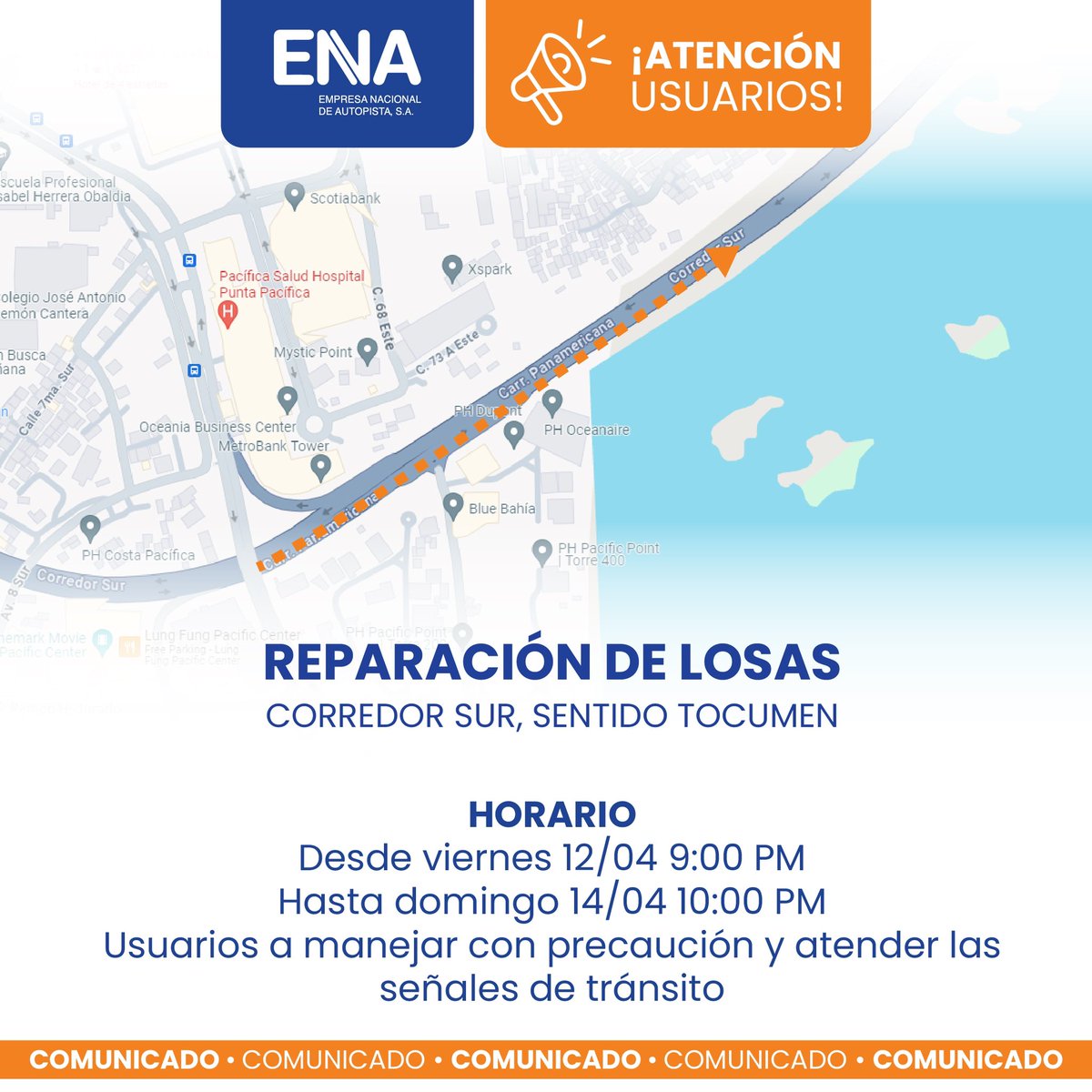 ¡Atención usuarios! Nuestro equipo de mantenimiento tiene previsto realizar labores de mantenimiento en el Corredor Sur durante el fin de semana. Los invitamos a tomar las debidas precauciones y nos disculpamos por cualquier inconveniente que esto pudiera ocasionarles.