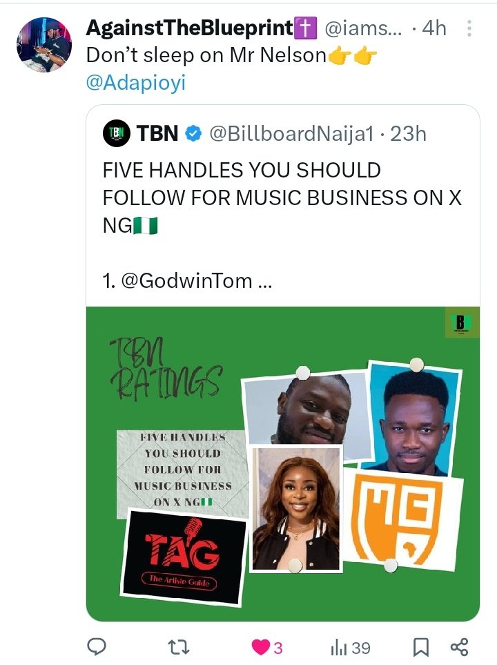 MUSIC INSTIGATOR OF THE WEEK @Adapioyi CLAIMS A number of netizens claim he is also a top voice in the music business after @BillboardNaija1 released a list of the 5 handles you should follow on X NG 🇳🇬 for music business. FALLOUT Lots of calls for inclusion and…