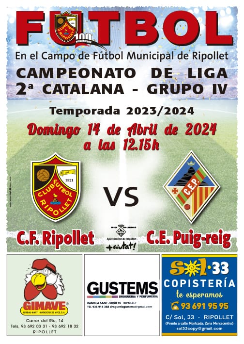 📰 PRIMER EQUIPO 🏆 2ª Catalana G-4 🆚@cepuigreig 🏟️ MPAL DE RIPOLLET 📆 Domingo 14/4/2024 ⏰ 1️⃣ 2️⃣ :1️⃣ 5️⃣ h. 📢 Este domingo todos al MUNICIPAL de RIPOLLET, nuestro primer equipo necesita nuestro apoyo desde la grada para seguir soñando. 🔥🔥AFICIÓN CONTAMOS CON VOSOTROS.