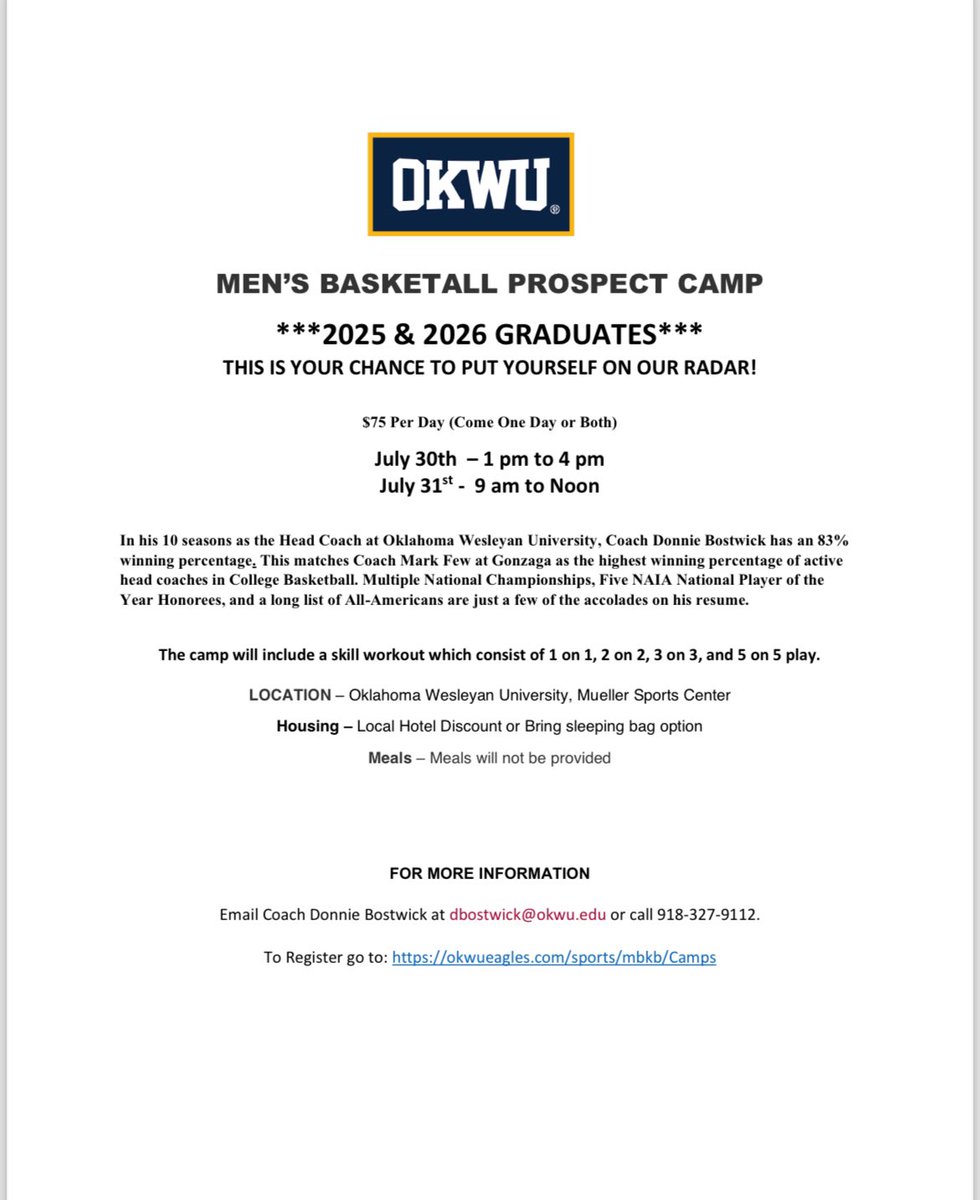 All 2025 & 26 College Prospects New Dates Set for OKWU Prospects Camp July 30-31. Limited Spots so sign up Soon!
