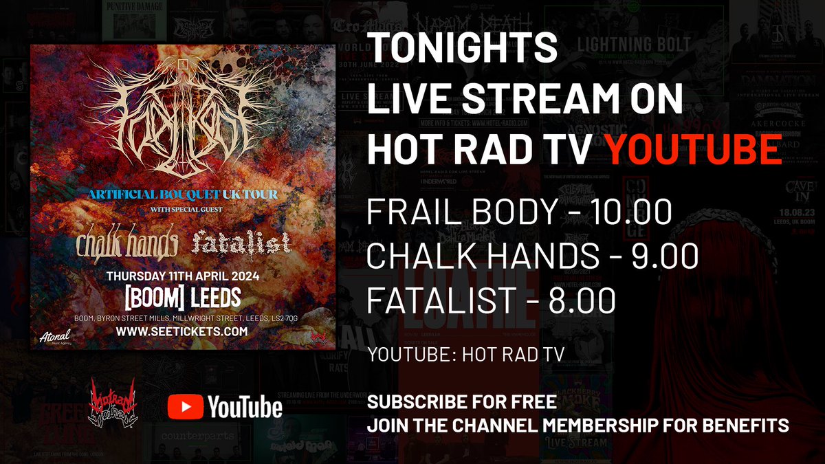 We are live on YouTube tonight streaming Frail Body, Chalk Hands & Fatalist from Boom Leeds. 3 cameras & studio audio mix. youtube.com/live/s9bOBH7F1…