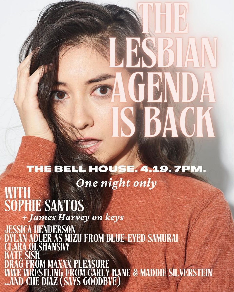 FRI 4/19: The Lesbian Agenda with <a href="/sesantos/">Sophie Santos</a>!

Featuring:
∙ <a href="/embrace_mess/">Jessica Henderson 🌈👩🏾‍🌾👁</a>
∙ <a href="/DylanAdler6/">Dylan Adler</a>  as Mizu from Blue Eye Samurai
∙ @ClaraOlshansky 
∙ <a href="/thekatesisk/">kate sisk</a> 
∙ Drag from <a href="/mrmaxxxpleasure/">Maxxx Pleasure 🌈 Drag King</a> 
∙ WWE Wrestling from <a href="/icarlykane/">Carly Kane</a> and Maddie Silverstein

🎟️: tinyurl.com/3nukxp82