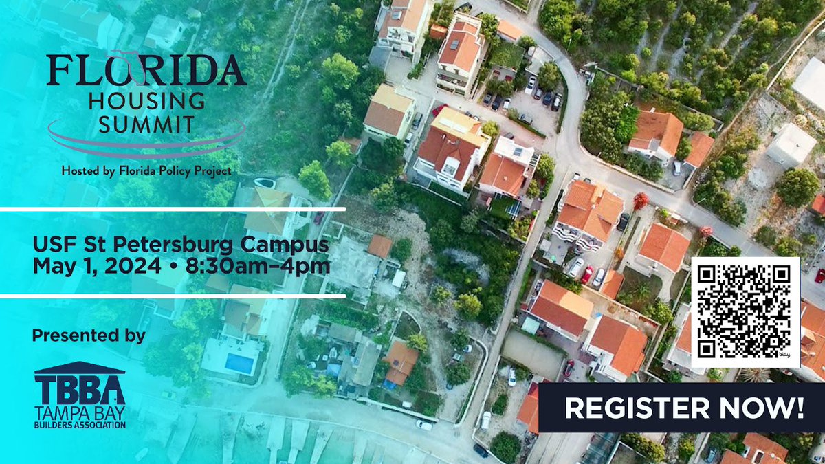 Register now! Join us on May 1st at USF St. Petersburg for the Florida Housing Summit hosted by @FLPolicyProject! Explore solutions to housing challenges with industry leaders, policymakers, and experts. Register now: eventbrite.com/e/florida-hous… #housingaffordability