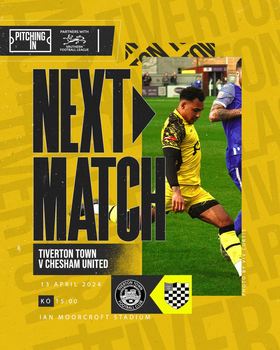 📣 Early reminder… we welcome league champions Chesham United to The Ian Moorcroft on Saturday. Come on down and support the lads ⬇️ 🗓️ 13th April ⏰ 3pm ⚽️@cheshamutdfc 🏟️ Ian Moorcroft Stadium 💛🖤💛