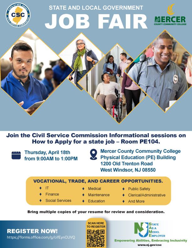 If you're interested in working for State or local government here in New Jersey, the @NJCivilService will be hosting another job fair on Thursday, April 18 at Mercer County Community College. For more information, check out the flyer below. #jobfair