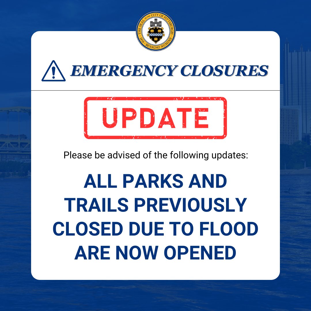 UPDATE: As of today, all parks and trails previously closed due to high flood waters are now re-opened. Thank you for your patience and please report any lingering flood concerns to @Pgh311 .
