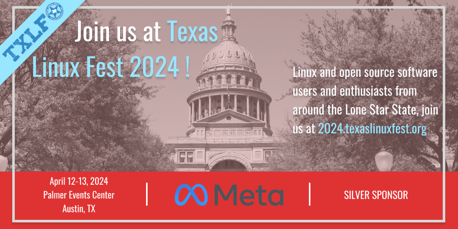 A huge thank you goes out to <a href="/Meta/">Meta</a> for being a Silver Sponsor of #TXLF 2024!
Join us at Texas Linux Fest STARTING TOMORROW, April 12-13, in Austin, TX! 2024.texaslinuxfest.org/pricing/