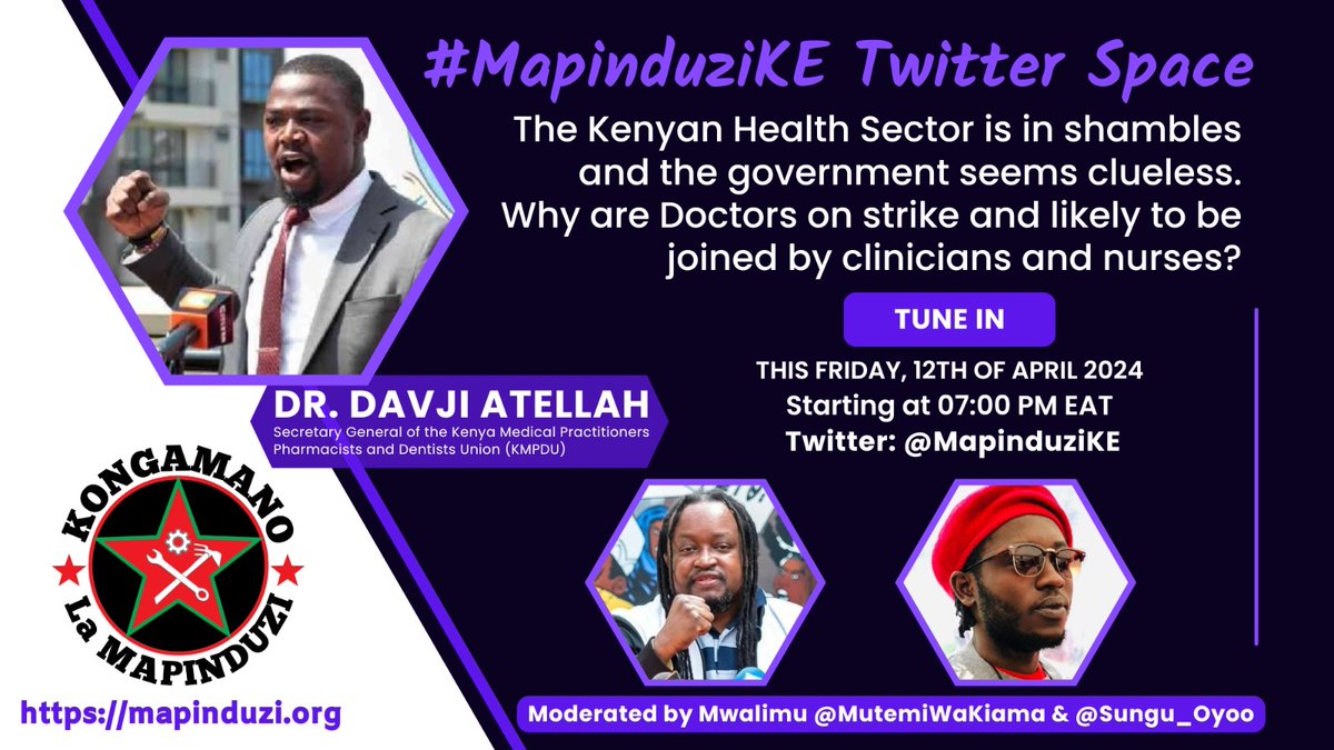 Doctors, on strike, health sector in shambles, traffic accidents on the rise on our roads... apart from prayers, what can we do as Kenyans to remedy the situation? Join the #MapinduziKE Twitter Space Friday 12th April 2024 starting 2024 as we jost the KMPDU SG 👇🏾👇🏾👇🏾