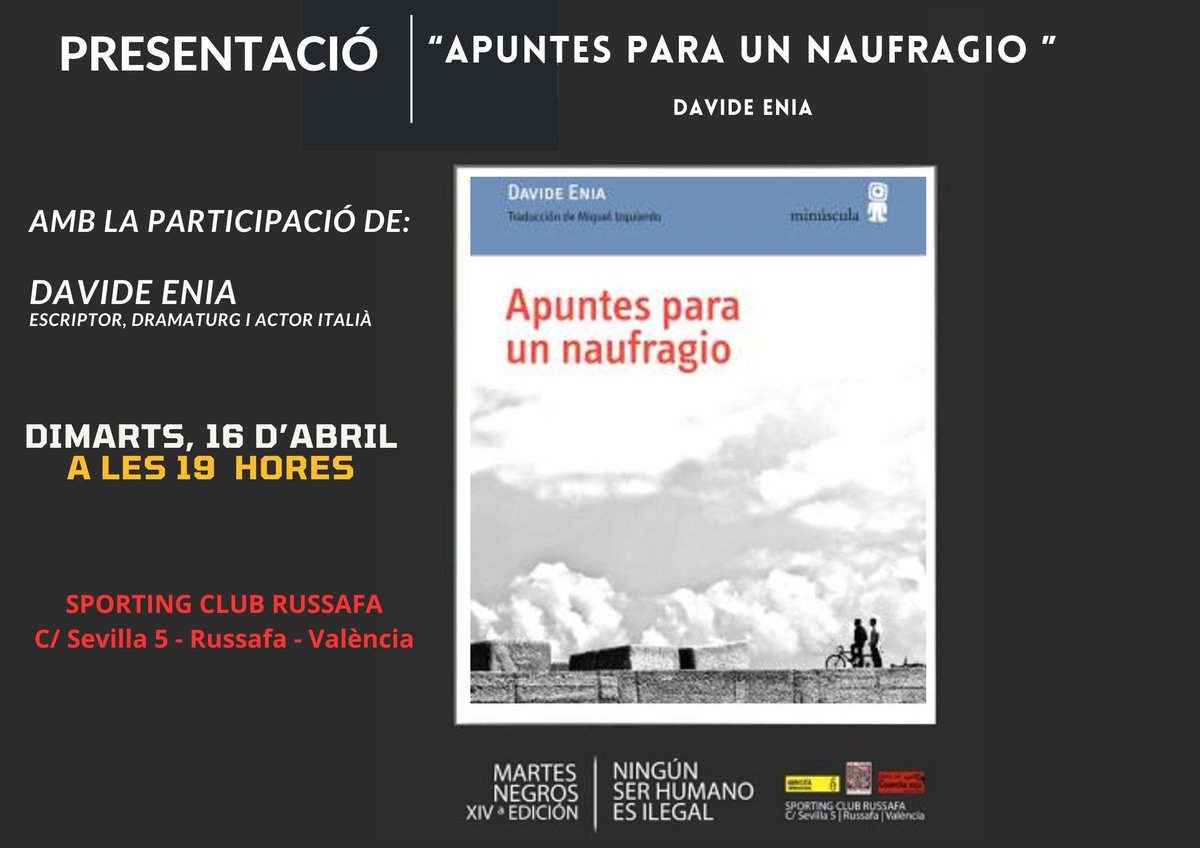 👉 Amigues i amics de #València: dimarts 16 d'abril, a les 19 h, tindreu l'oportunitat de conversar amb #DavideEnia sobre #ApuntesParaUnNaufragio dins del cicle Dimarts negres que organitzen Amnistia Internacional i la llibreria Cosecha roja. No us ho perdeu!