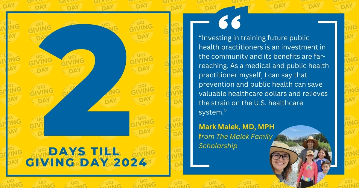 #GivingDay2024: We're thrilled to celebrate the Malek Family's dedication to #UCIPublicHealth! Their generous creation of the first-ever summer scholarship will empower PhD students to advance essential research free from financial worries. Support today:givingday.uci.edu/giving-day/803…