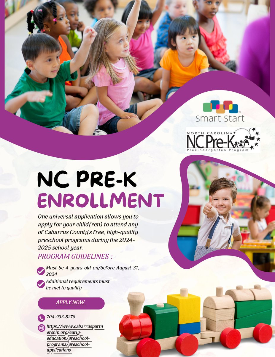 NC PRE-K ENROLLMENT One universal application allows you to apply for your child(ren) to attend any of Cabarrus County's free, high-quality preschool programs during the 2024- 2025 school year.Must be 4 years old on/before August 31, 2024  Appy here: bit.ly/4cVUBnw