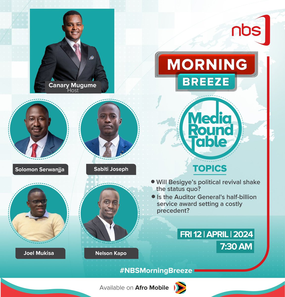 A Journalistic panel not to miss tomorrow morning on the Media Round Table @nbstv and @afromobileug with your man @CanaryMugume two former hosts of the show @SolomonSerwanjj and @SabitiJoseph @NellyKapo @Joelmukisa16 #NBSMorningBreeze #NBSUpdates