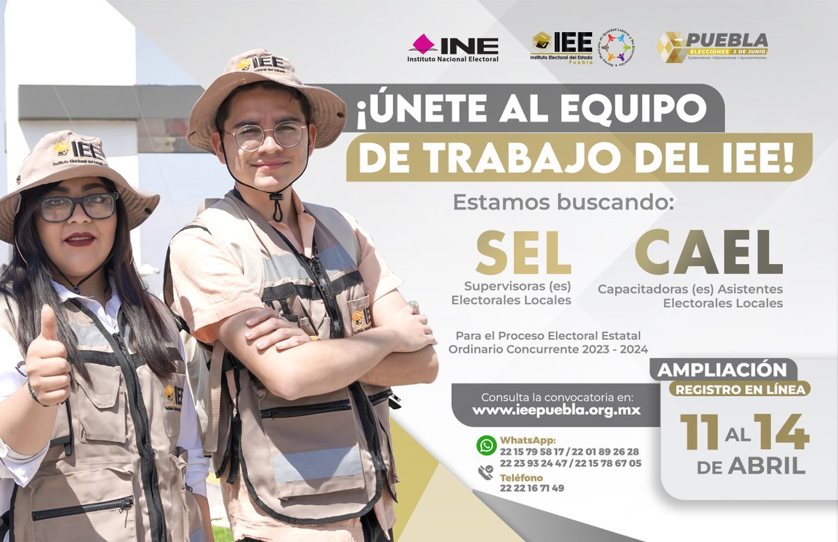 📣 Únete al equipo del #IEE como Supervisor/a Electoral o Capacitador/a Asistente Electoral Local. 🙋‍♀️🙋 Regístrate en línea del 11 al 14 de abril. Más info en: iee.puebla.org.mx  
#TrabajoIEEPuebla #EleccionesPuebla