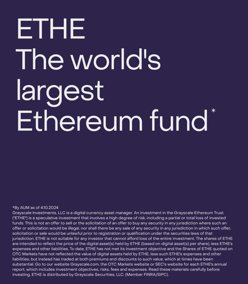 Grayscale #Ethereum Trust is the world’s largest investment vehicle by AUM for Ethereum, as of 4/10/2024. Learn more about $ETHE and important disclosures: grayscale.com/crypto-product…