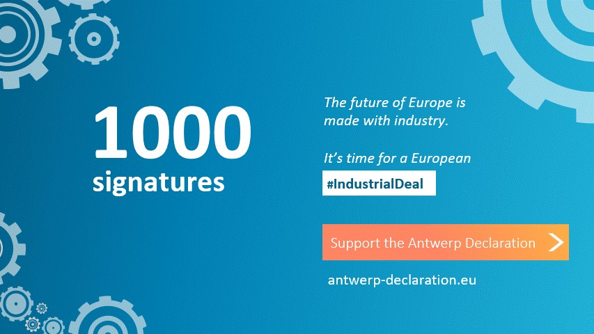 The #AntwerpDeclaration has achieved an important milestone: over 1000 🇪🇺 companies, associations & trade unions have signed it, calling for a European #IndustrialDeal that complements the Green Deal, while supporting businesses & quality jobs in Europe.👉antwerp-declaration.eu