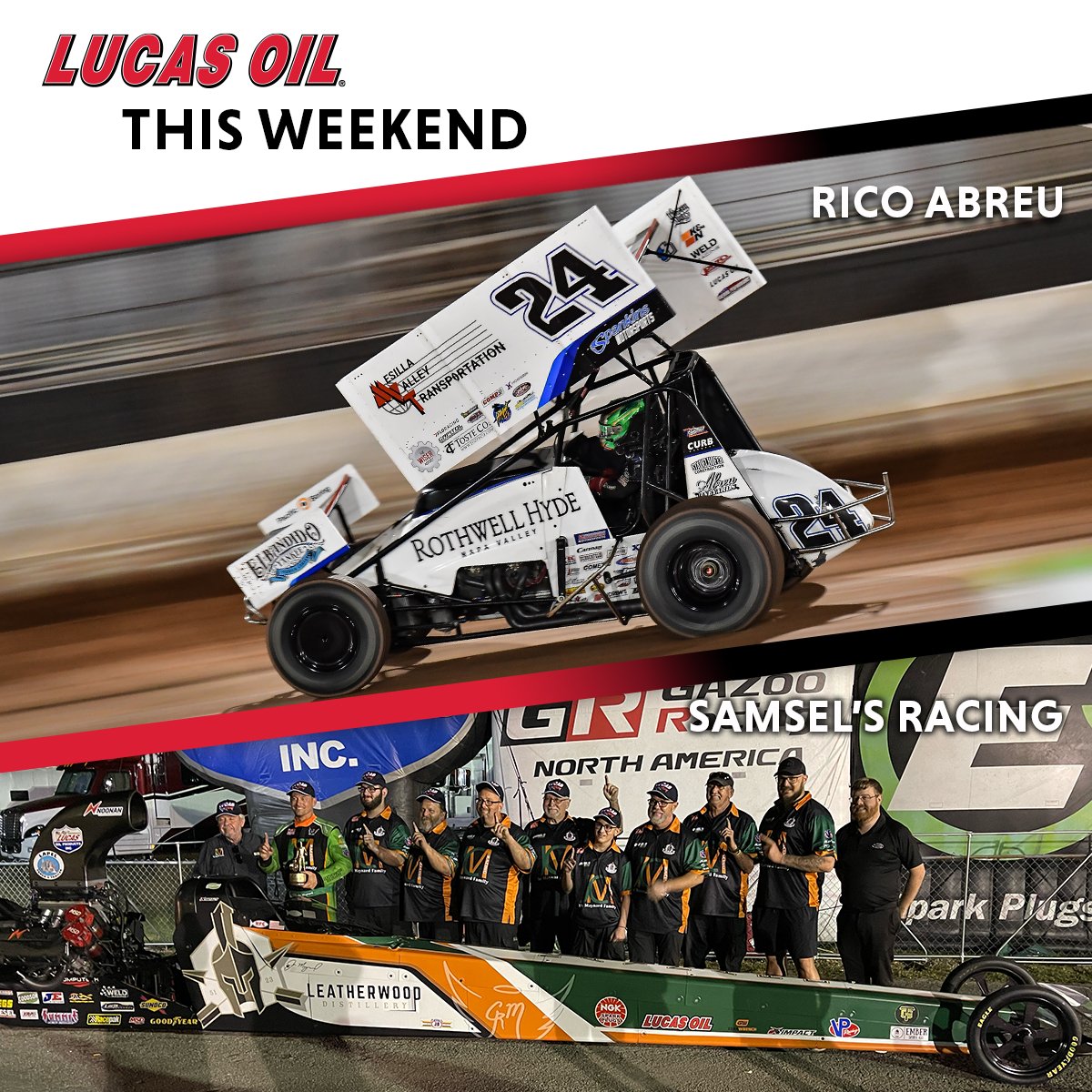 🌧️ #SpringShowers bring #LucasOil Power, right? 💥 🏁 This weekend, catch @Rico_Abreu with @HighLimitRacing at @TXMotorSpeedway! 💨 Then Samsel's Racing can be found at @LVMotorSpeedway competing in the first @NHRA #4WideNats for 2024! 💪 Good luck, #LucasAlliance! #Racing