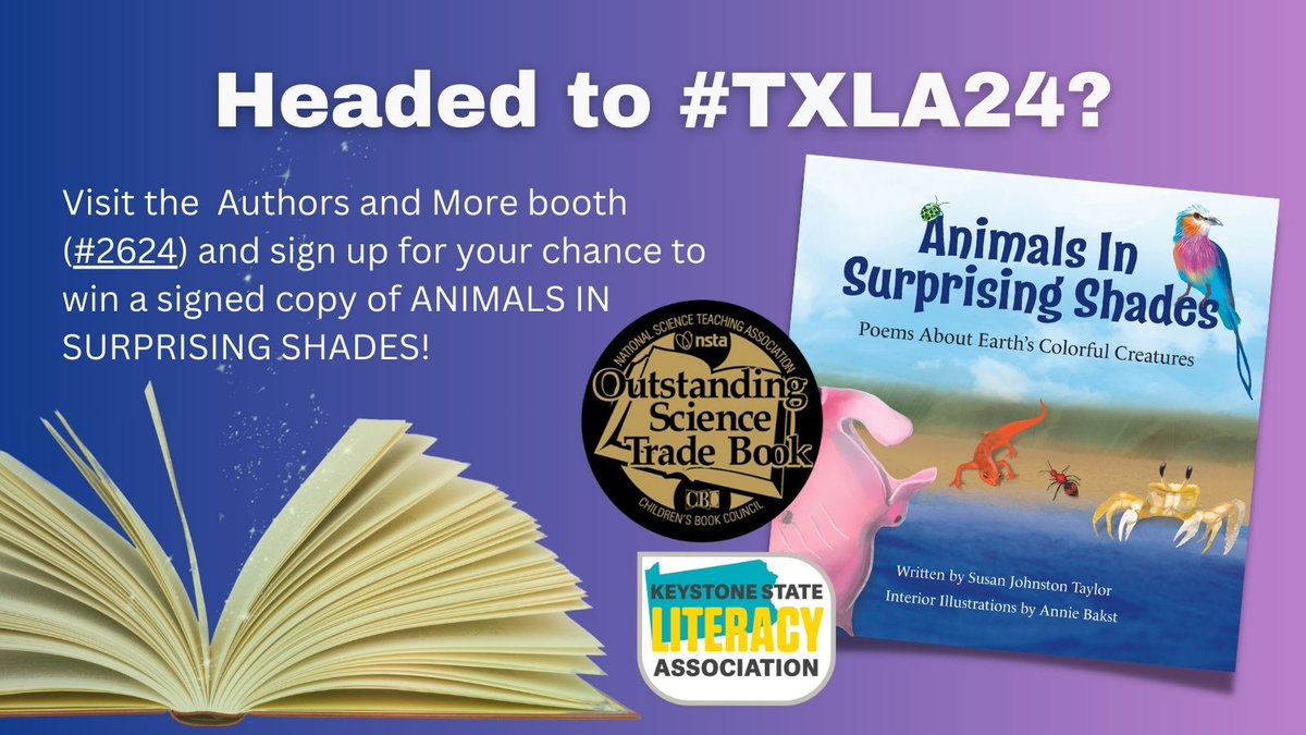 #Texas #librarians, if you're headed to #TXLA24 next week, stop by the @AuthorsandMore booth (#2624) and sign up for your chance to win a signed copy of my award-winning debut picture book ANIMALS IN SURPRISING SHADES! #PoetryMonth #STEMBooks #ChildrensBooks #AmReading
