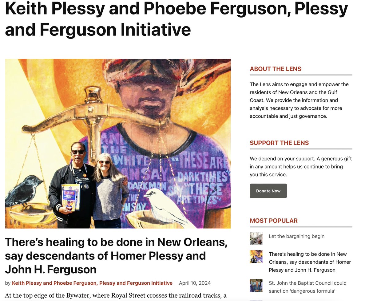 The day before I'll be talking about the book TOGETHER at  Anderson's Bookstore in Larchmont (6:00-8:00pm), a news article appears online of Keith Plessy &amp; Phoebe Ferguson holding the book &amp; telling of the new work their Initiative has been doing thelensnola.org/2024/04/10/the…