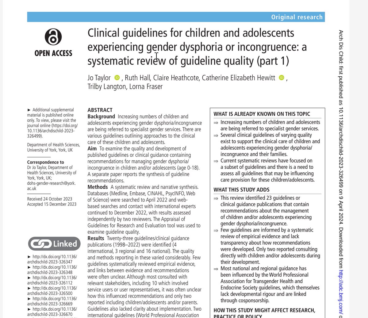 FYI: <<Clinical guidelines for children and adolescents experiencing gender dysphoria or incongruence: a systematic review of guideline quality (part 1)>> adc.bmj.com/content/archdi…