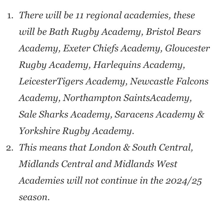 Devastating news for rugby in the W Midlands. How on earth can it make sense to scrap both Midlands Central & Midlands West Academies @RFU - you are supposed to be growing the game. How does this help young players in the West Midlands? @midsrugbyacad @NorthMidsRFU @bbchwsport